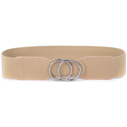 OO-kou-Sliver-Khaki / Waist  85-105cm Women's Girdle Elastic Stretch Wide Waist Belts W Double Rings Buckle Cummerbunds Ladies CeinturesCuir