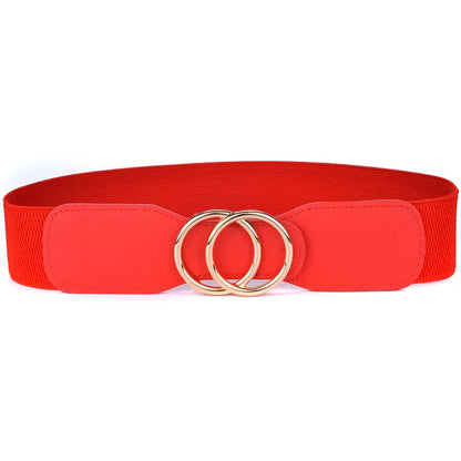 OO-kou-Gold-red / Waist 95-130cm Women's Girdle Elastic Stretch Wide Waist Belts W Double Rings Buckle Cummerbunds Ladies CeinturesCuir