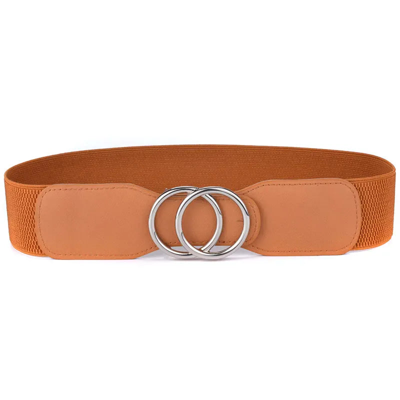 OO-kou-Sliver-brown / Waist 95-130cm Women's Girdle Elastic Stretch Wide Waist Belts W Double Rings Buckle Cummerbunds Ladies CeinturesCuir