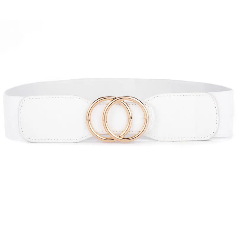 OO-kou-Gold-White / Waist 95-130cm Women's Girdle Elastic Stretch Wide Waist Belts W Double Rings Buckle Cummerbunds Ladies CeinturesCuir