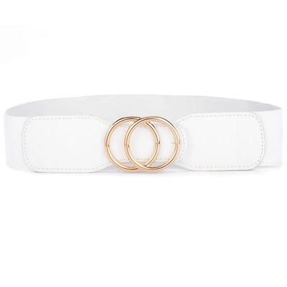 OO-kou-Gold-White / Waist 95-130cm Women's Girdle Elastic Stretch Wide Waist Belts W Double Rings Buckle Cummerbunds Ladies CeinturesCuir