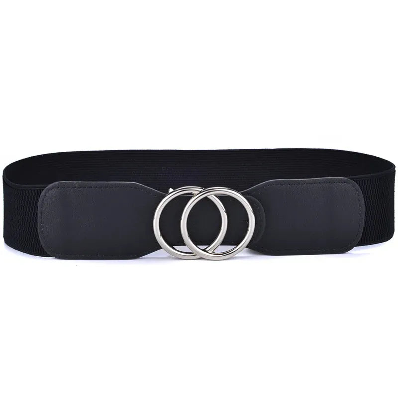OO-kou-Sliver-black / Waist 95-130cm Women's Girdle Elastic Stretch Wide Waist Belts W Double Rings Buckle Cummerbunds Ladies CeinturesCuir