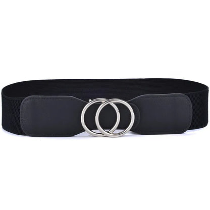 OO-kou-Sliver-black / Waist 95-130cm Women's Girdle Elastic Stretch Wide Waist Belts W Double Rings Buckle Cummerbunds Ladies CeinturesCuir