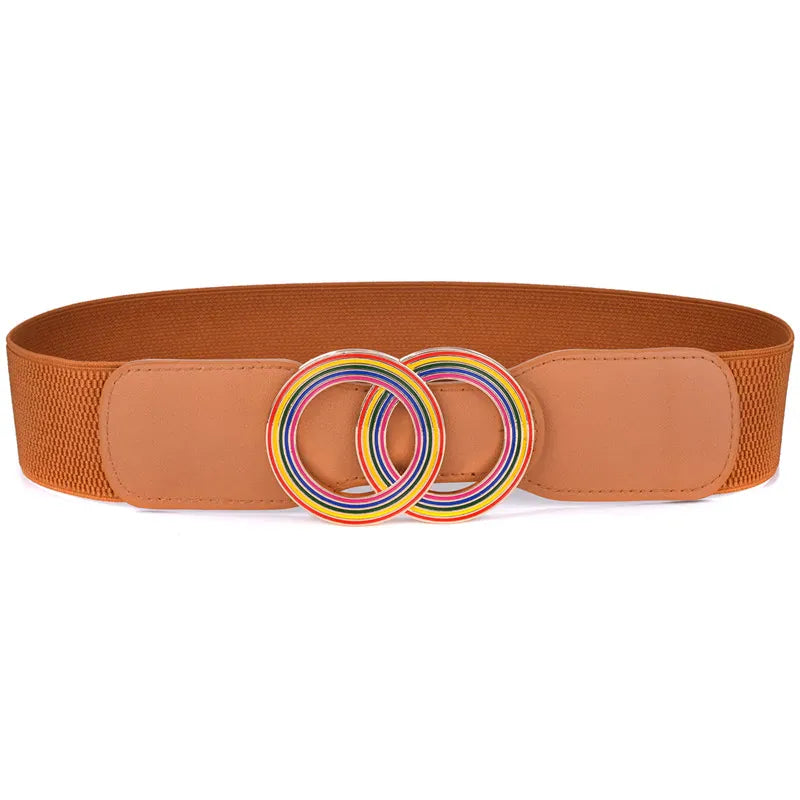 caihong-Brown / Waist 70-90cm Women's Girdle Elastic Stretch Wide Waist Belts W Double Rings Buckle Cummerbunds Ladies CeinturesCuir