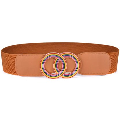 caihong-Brown / Waist 70-90cm Women's Girdle Elastic Stretch Wide Waist Belts W Double Rings Buckle Cummerbunds Ladies CeinturesCuir