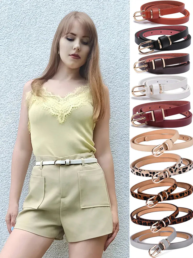 Women's Skinny Leather Belt Solid Color Waist or Hips Ornament Girls 1.5cm Wide Leopard Waistband 10 Sizes to Choose From CeinturesCuir