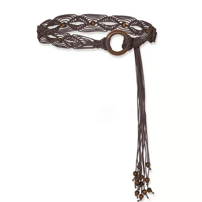 Coffee Women Woven Tassel Belt Braided Waistband Tie Strap Boho Girls Wide Waist Rope Chain Waist Belts For Dress Waistband Accessories CeinturesCuir