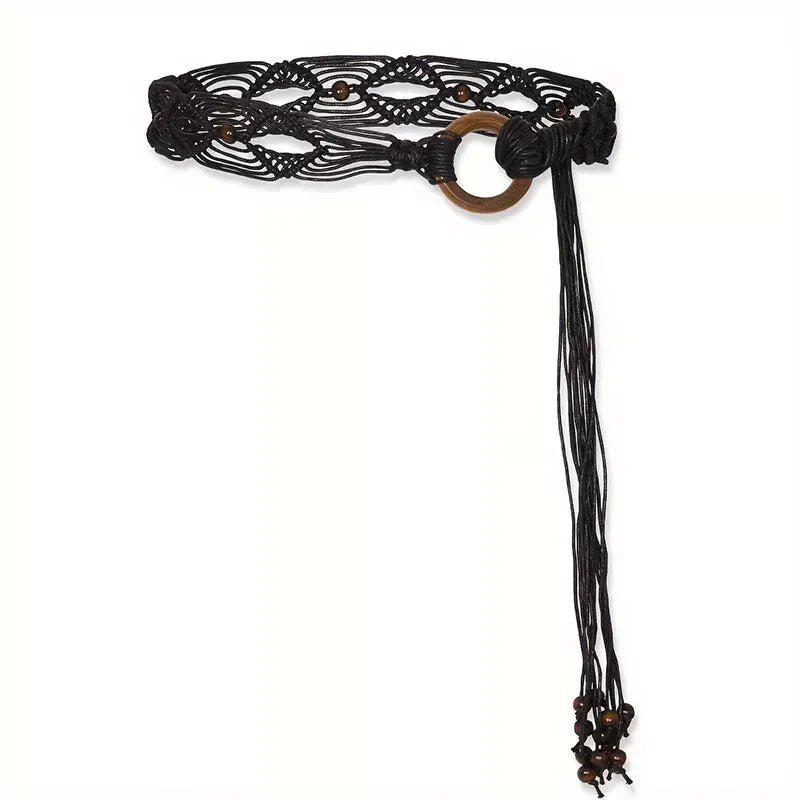 Black Women Woven Tassel Belt Braided Waistband Tie Strap Boho Girls Wide Waist Rope Chain Waist Belts For Dress Waistband Accessories CeinturesCuir