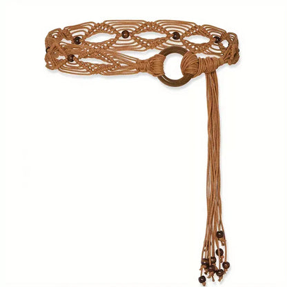 Brown Women Woven Tassel Belt Braided Waistband Tie Strap Boho Girls Wide Waist Rope Chain Waist Belts For Dress Waistband Accessories CeinturesCuir