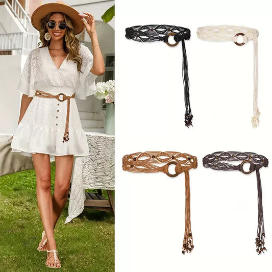 Women Woven Tassel Belt Braided Waistband Tie Strap Boho Girls Wide Waist Rope Chain Waist Belts For Dress Waistband Accessories CeinturesCuir